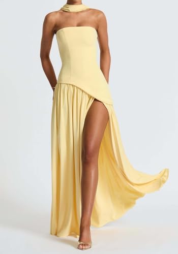 Image of Women's Elegant Strapless Long Dress with Scarf Cocktail Wedding Guest Prom Maxi Dresses with Slit