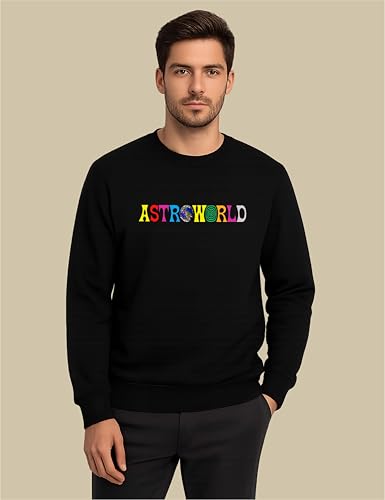 Image of I-Drip Travis Scott Sweatshirt Crew Neck Full Sleeve Regular Fit Unisex 340 GSM Black Cotton Fleece for Winters Anime Streetwear Astroworld Graphics Front, Back Printed