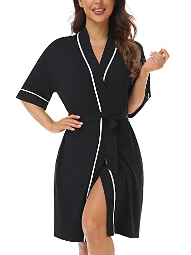 COLORFULLEAF Womens Short Robes Bamboo Rayon Lightweight Kimono Robe Soft Knit Bathrobe Ladies Loungewear with Pockets (Black,S)