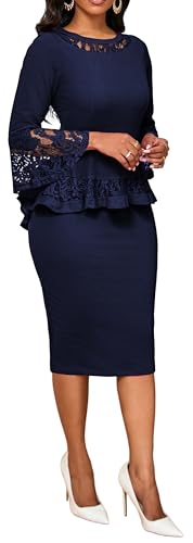Image of sexycherry Lace Dresses for Women 3 /4 Sleeve Cocktail Pencil Split Dress | Women's Lace Wedding Guest Dresses Crew Neck Knee Length Split Fall Outfits