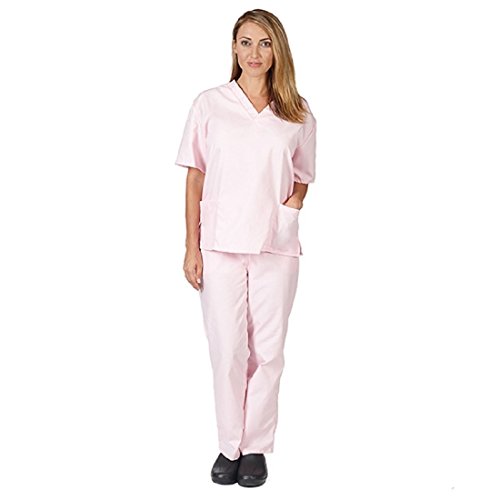 Image of RANK Women's Poly Viscose Scrub Suit Set | V-Neck Top and Drawstring Pant For OT Nurses | Medical Lab Uniform Half Sleeves Scrub Suit Size - M (Pink)