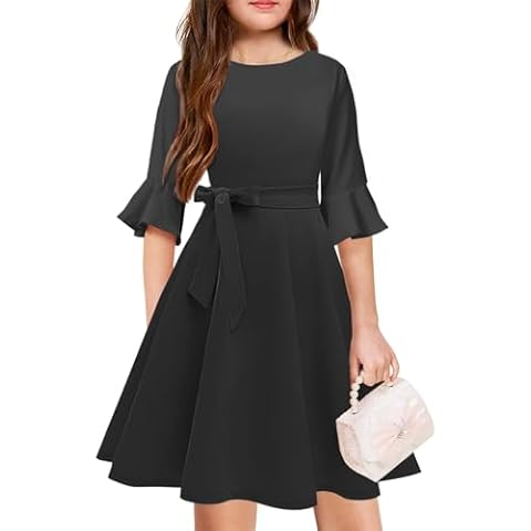 WIFFGO Girls Bell Sleeve Dresses Belt Formal Fit Knee High Modest Big Kids Midi Cap Shoulder Teen Dresses for Girls Black Cover