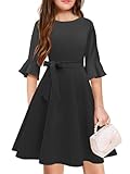WIFFGO Girls Fall Winter Dresses Formal Fashion Belt Fit Knee High Modest Big Kids Midi Teen Dresses Outfits Black