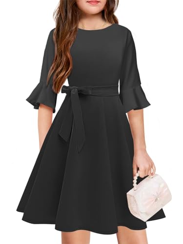 Girls Fall Winter Dresses Formal Fashion Belt Fit Knee High Modest Big Kids Midi Teen Dresses Outfits