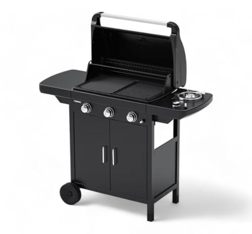 Briconess.com Barbacoa a gas de 3 quemadores, de acero, con ruedas, hornillo lateral y parrilla de hierro fundido esmaltado Compact EXS