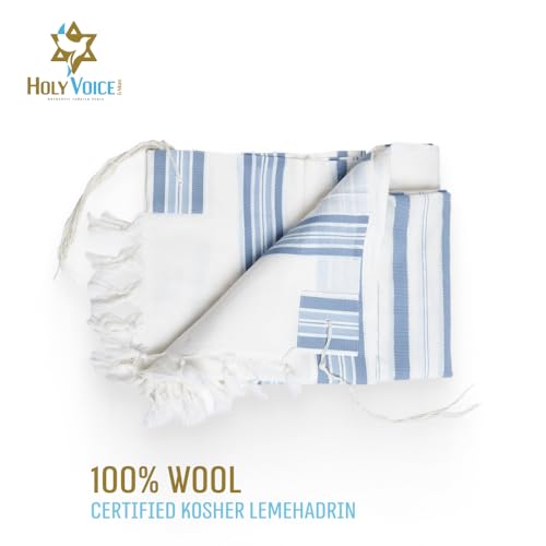 Image of HOLY VOICE 100% Wool Tallit Prayer Shawl Kosher Certified White with Stripes for Men, Made in Israel w / 100% Wool Tzitzit