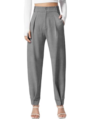 Dokotoo Women's Pants Waffle Classic High Waisted Adjustable Button Hem Business Casual Tapered Pants with Pockets