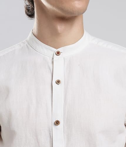 Image of TURMS Men's Casual Solid Linen Shirt | Water Repellent | Anti Stain Anti Odor | Kansas Linen | Mandarin Collar | Full Sleeves