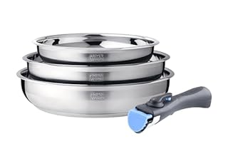 ARTHUR MARTIN - Batterie De Cuisine Inox 8 Pièces - 3 Casseroles Ø 16, 18, 20 cm - 2 Manches Amovibles - Compatible Induction - Ensemble Pratique Et Fonctionnel