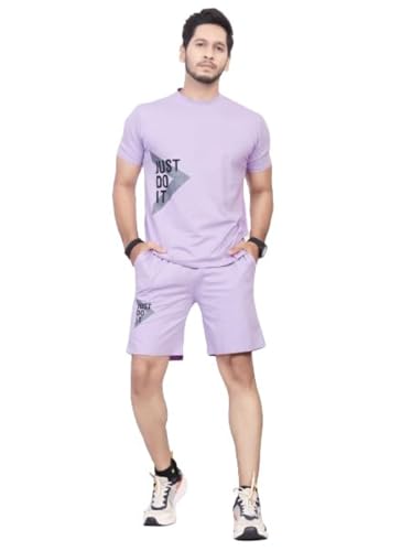 Image of HOODMASTER Men's Cotton Night Suit Set of Top & Knee Length Shorts with Round Neck Half Sleeves Solid Pattern Regular Fit and Standard Length | Mens Cotton Night Suit | T-Shirt and Shorts Sets