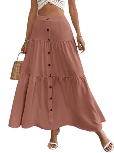 Women's Elegant Button Front Ruffle Hem Skirt Maxi Long Skirts