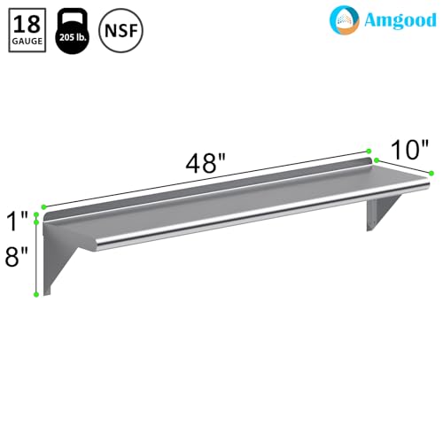 Image of AmGood 10 in. x 48 in. Stainless Steel Wall Shelf | NSF | Metal Shelving | Garage, Laundry, Storage, Utility Room | Restaurant, Commercial Kitchen