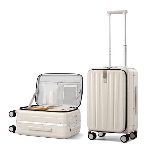 Image of Hanke 55cm Front Opening Cabin Luggage Trolley Bag, Strong Aluminum Frame, Durable Polycarbonate Hard Shell, Silent Wheels & Combination Lock, Lightweight Carry On Suitcase for Travel.(Ivory White)