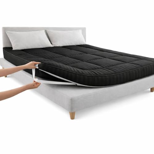 Bella Single Mattress Topper 90x200cm+8cm- 800GSM -Extra-Thick Firm and Fluppy Bed Mattress Comfortable and Breathable Mattress Pad with Elastic Bands Black