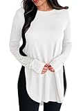 BZB Womens Long Sleeve Tunic Tops Fall Casual Crew Neck Side Split Hi-Low Hem Loose Shirts To Wear With Leggings White