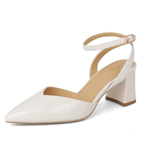 Women's Fashion Leather Chunky Heel Sandals Closed Pointed Toe Ankle Strap Mid Block Heel Dress Shoes Sexy Non-Slip Party Prom Wedding Bridal Shoes