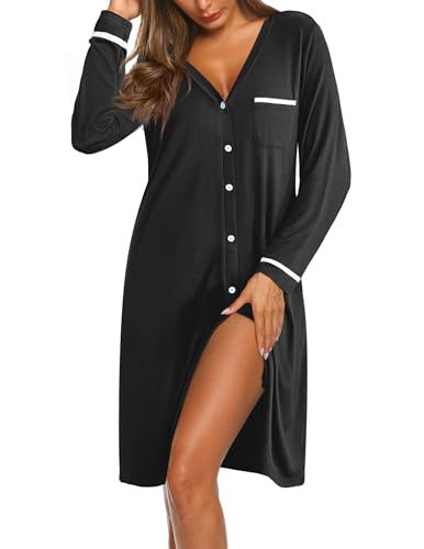 Image of Ekouaer Womens Nightgown V-Neck Sleepwear Long Slevee Button Down Nightshirt