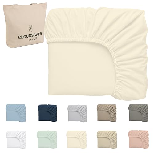 Cloud Scape Linen 100% Egyptian Cotton King Size Fitted Sheet, 180x200 cm, 600 Thread Count,Hotel Quality, Soft, Breathable and Durable, Ivory