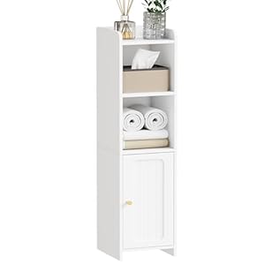BEWISHOME Small Bathroom Cabinet, Narrow Storage Cabinet with Anti-Tip & Adjustable Shelves,Bathroom Organizers and Storage Cabinets for Small Spaces, 7.9 x 7.9 x 31.5 Inches，White YYG06W