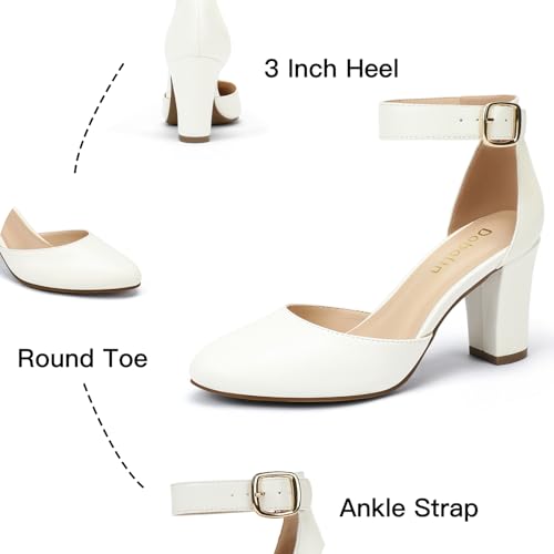 Image of 3 Inch Wide Width Chunky Heels for Women Closed Toe Heels Dress Shoes for Womens Round Pumps Ankle Strap Block Heel Bridesmaid Wedding Prom Party Comfortable (Check Size Chart Before Select)