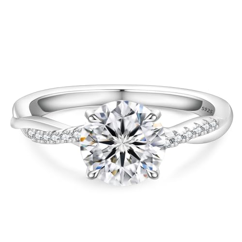 KRKC&CO Moissanite Rings for Women, Anniversary Bridal Promise Gift for Her, 925 Sterling Silver Moissanite Engagement Rings 1.0-3.0 CT, 4-Prong D Color VVS1 with White Gold Plated