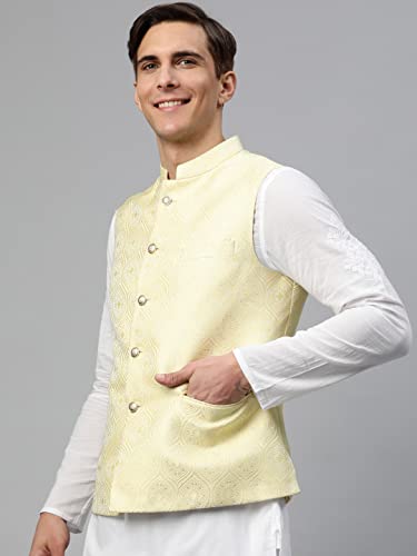Image of MANQ Men Fawn Woven Jaquard Silk Nehru Jacket
