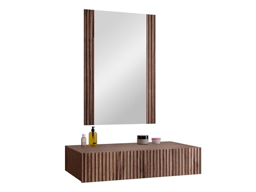 Mirjan24 Schminktisch Trigev, Kosmetiktisch mit Schublade und Spiegel, geriffelte Front, Make-up Tisch, Frisiertisch, Hängeschrank (Nuss Warmia)