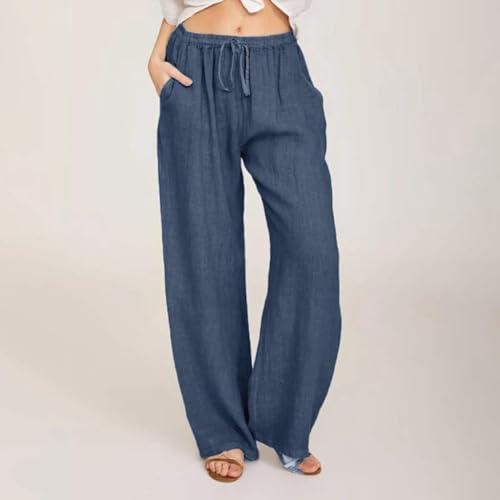 Cotton Linen Pants for Women,Summer Wide Leg Casual Loose Drawstring High Waist Palazzo Pants with Pockets2