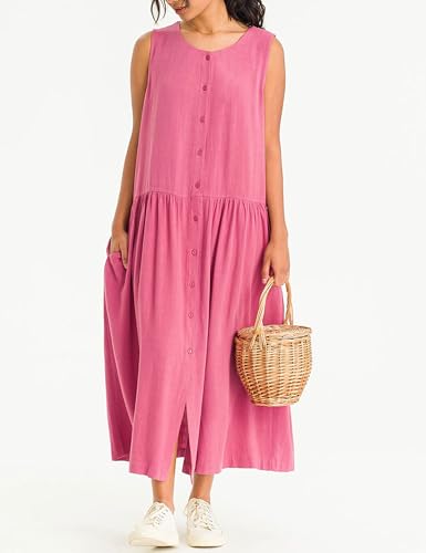 Image of Bozanly Summer Sleeveless Maxi Dress for Women Button Down Midi Dresses with Pockets Solid Color Loose Flowy Beach Dress 2025