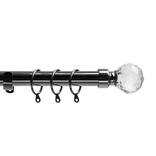 Home Treats Extendable Curtain Pole 28mm. Includes.Rings,Crystal Finals & Fittings. 3 Colours (210-300cm, Black Nickel)