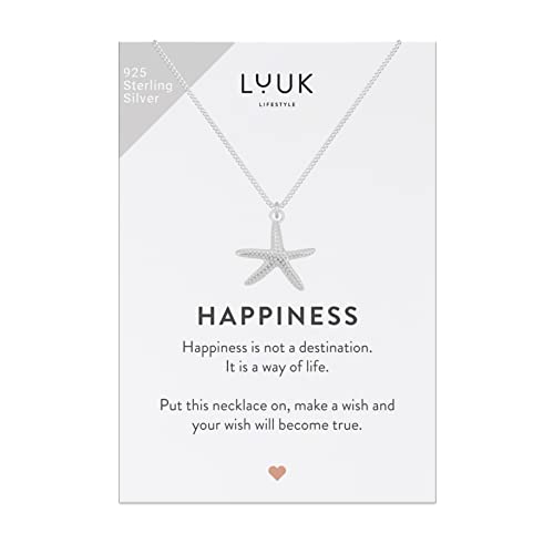 LUUK LIFESTYLE Halskette mit Seestern | Maritim Anhänger und HAPPINESS Geschenkkarte, Schmuck für den Alltag, Strand, Urlaub, aus 925er Sterlingsilber, verstellbare Kette, langlebig, Silber