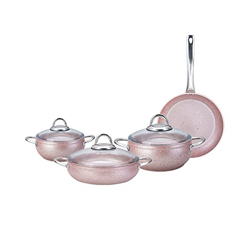 KARACA Avanos Rose Bio Granit 7-delat kastrullset med antibakteriella handtag, kastrull och stekpanneset i 7 delar, stekning antibakteriell, diskmaskinssäker