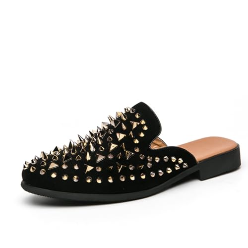 Men's Leather Smoking Slippers Velvet Spikes Rivets Slip On Loafers Fashion Backless Mule Clogs Non Slip Fashion Sandals Slides for Men Designer Luxury Dress Wedding Party Prom Shoes