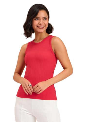Image of barcino Beige Ribbed Round Neck Tank Top