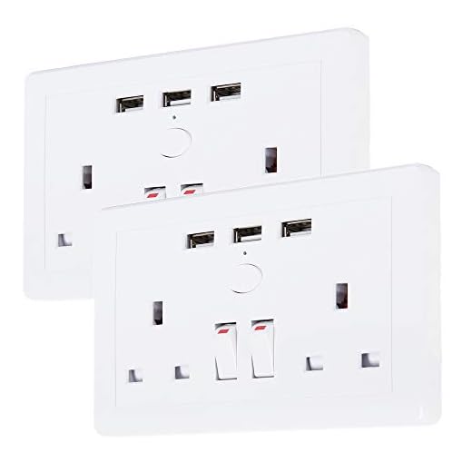 2.1A USB-laddare vägguttag 2 gäng 13 A med 3 USB-laddare portuttag vit dubbelstång switchat uttag 2x White 2 Gang