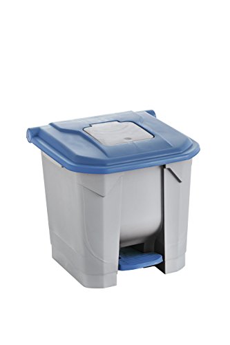Cubo interior con asa y pedal reforzado en esta papelera de 30 litros color azul