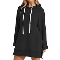 Womens Hoodie Winter Clothing for Women Casual Raglan Long Sleeve Pullover Tops Side Slit Hem Oversized The Warmy Hoodie Dress Loose Fit Long Hooded Sweatshirt with Pockets Black