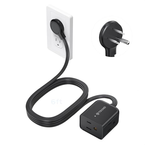 Image of TROND Flat Extension Cord 6 Feet - Right Angled Flat Plug Power Strip, ETL Listed, 3 Plug Extension Outlets, Three Prong, SPT 16 /3 Gauge, 13A, Small for Indoor Home Office Cruise Ship Travel, Black