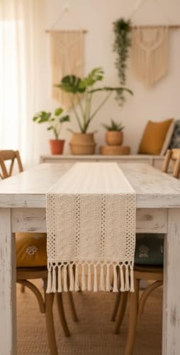 BOSALONI HOME - Camino de mesa largo rectangular de jacquard con flecos, 180 x 30 cm, color blanco, vintage, para mesa de comedor, cocina y salón