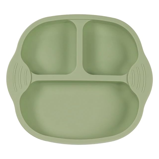 YELONA Baby Plates for Feeding with 4 Strong Suction Cups,Silicone Toddler Plates with Deep Divided for Kids to Feed Themselves,Dish Washer & Micro-Wave Oven Safe- (Olive Green,Pack of 1)
