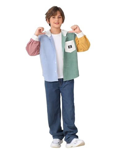 Image of Verdusa Boy's Color Block Hooded Corduroy Jackets Casual Long Sleeve Outerwear with Pocket