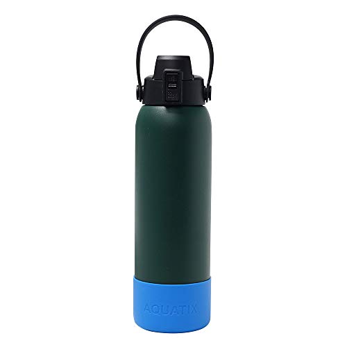 Aquatix Double Wall Insulated 32 Ounce Fern Green Bottle with Silicon Shock Scratch and Dent Resistant Boot (Blue)