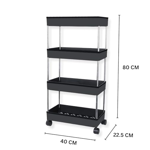 Image of Umite Chef 4 Tier Kitchen Trolley Organizer with Wheels | Multipurpose Storage Rack | Vegetable & Fruit Basket Stand | Rolling Utility Cart for Kitchen, Bathroom, Office - Black