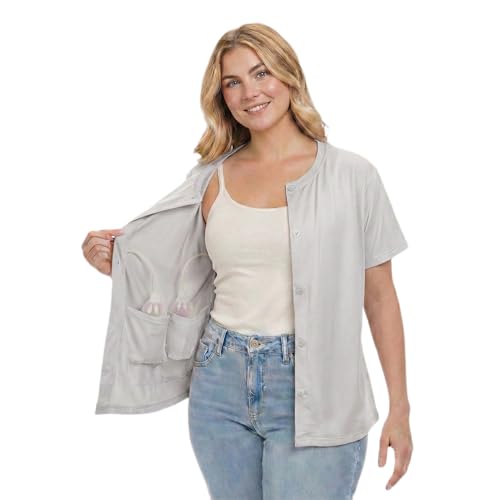 USBD Camisa de mastectomía con Cuello Redondo y Bolsillos de Drenaje, Gris, Small