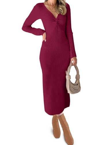 Image of RAISECOM Women Sweater Dress Long Sleeve V Neck Knit Bodycon Midi Dress