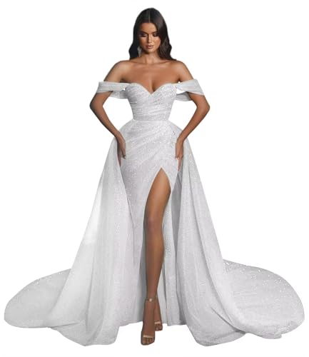 Off Shoulder Prom Dresses for Women Long Sequin Mermaid Sweetheart Pleated High Split Formal Evening Party Gowns 2023