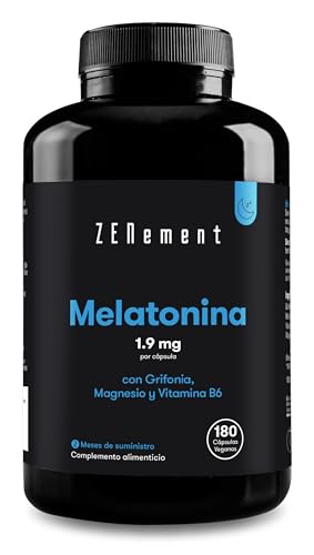 Melatonina 1,9 mg | 180 Cápsulas Veganas, con Griffonia, Magnesio y Vitamina B6 | Complemento de...
