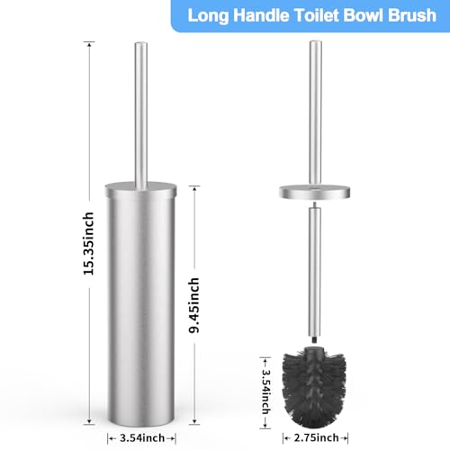 Image of Stainless Steel Toilet Brush and Holder Set Brushed Silver Heavy Duty Toilet Bowl Brush with Long Handle for Bathroom and Farmhouse (Silver)