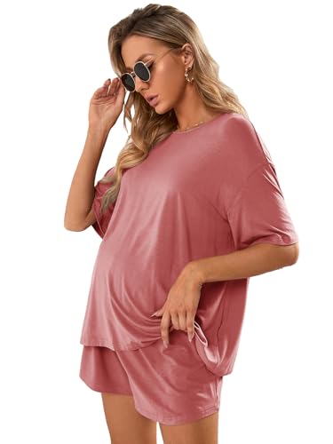 Image of Verdusa Women's Maternity Pajama Set 2 Piece Drop Shoulder Top and Short Lounge Sets Pink X-Large