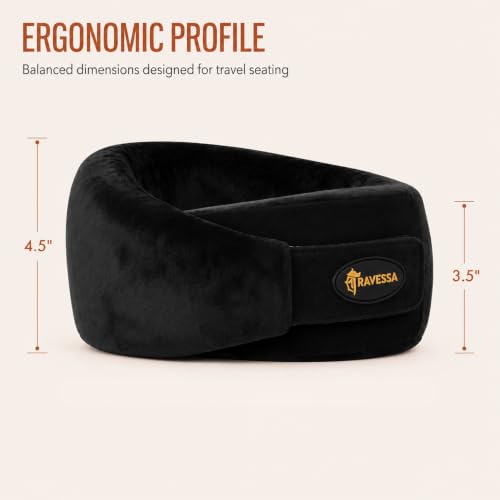 Image of TRAVESSA Memory Foam Neck Pillow | Travel Neck Pillow for Pain Relief | Ergonomic Airplane Neck Pillows | Adjustable & Washable Travel Pillow for Flight and Car with Free Travel Pouch | Soft Black